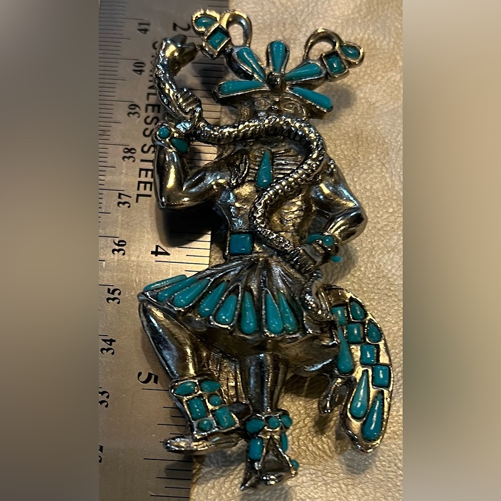 BIG Zuni warrior with snake bolo slide with turquoise enamel insets